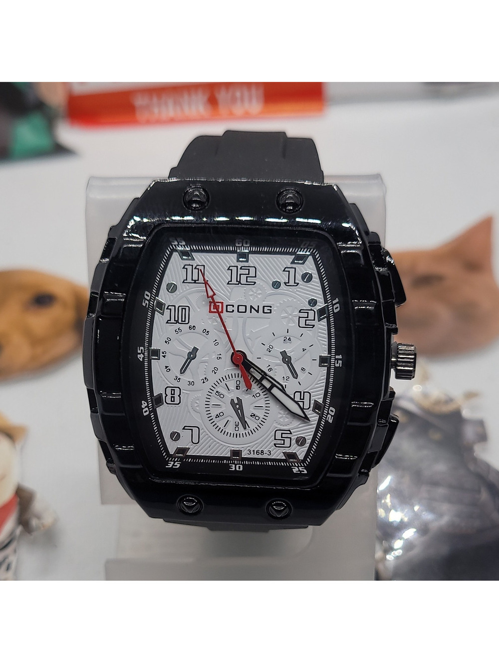 487 CONG Men's Tonneau Analog Quartz Watch White Dial Black Rubber Strap